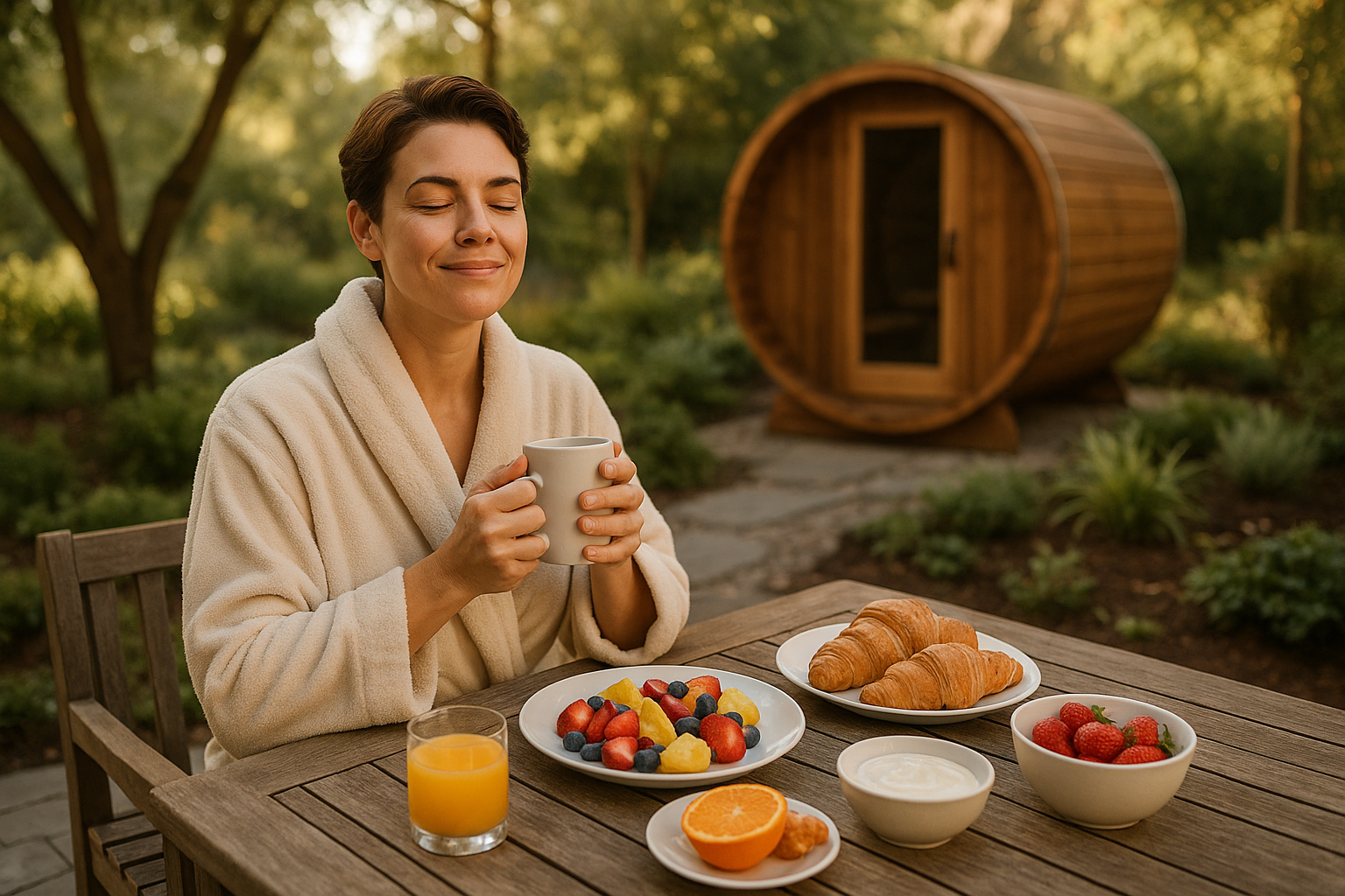 breakfast on and outdoor patio with the look of relief and confidence ready to start another week knowing that they took care of themselves while enjoying the rejuvenating features of a barrel sauna