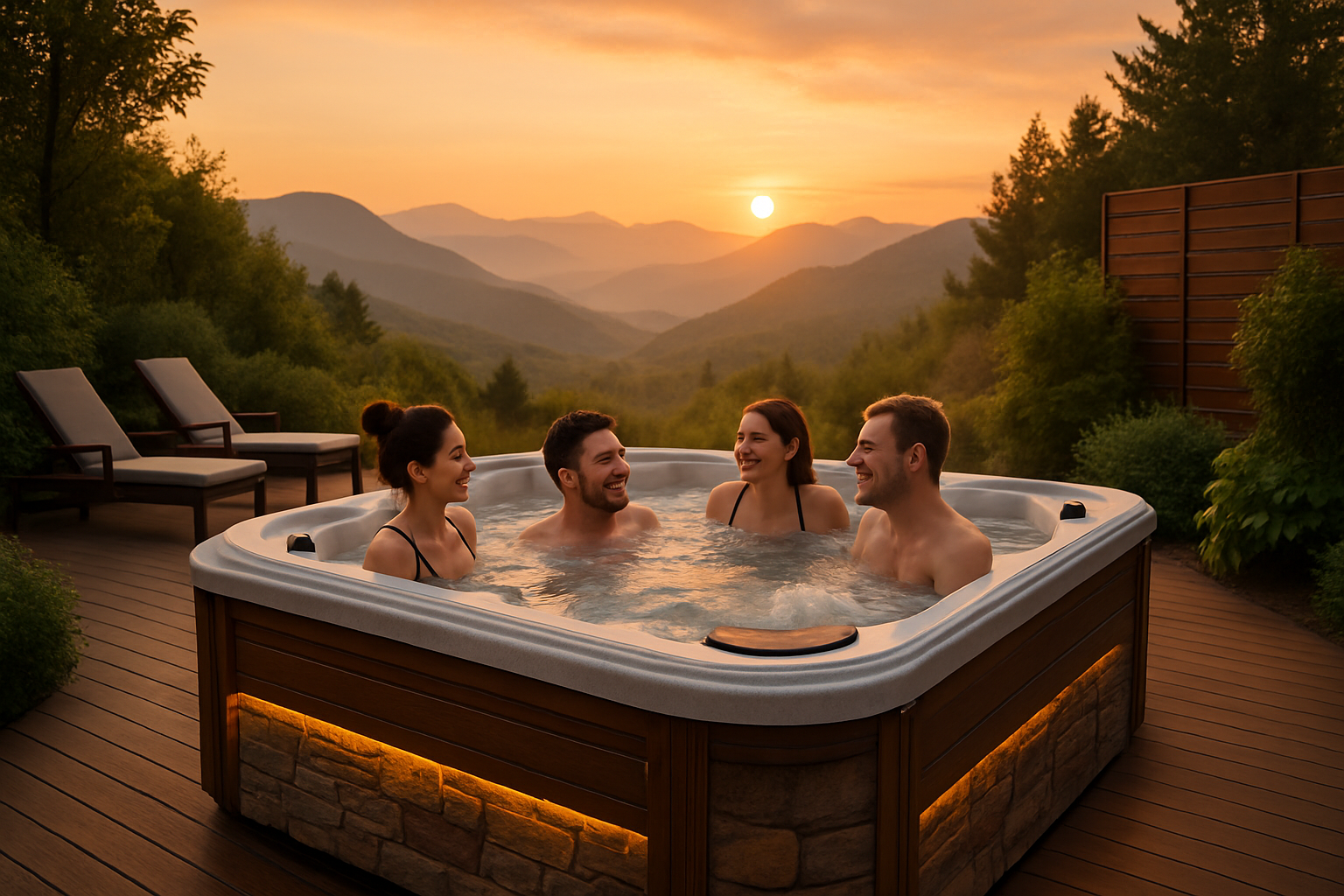 luxury hot tub on a secluded patio with an amazing view and happy people enjoying a good time