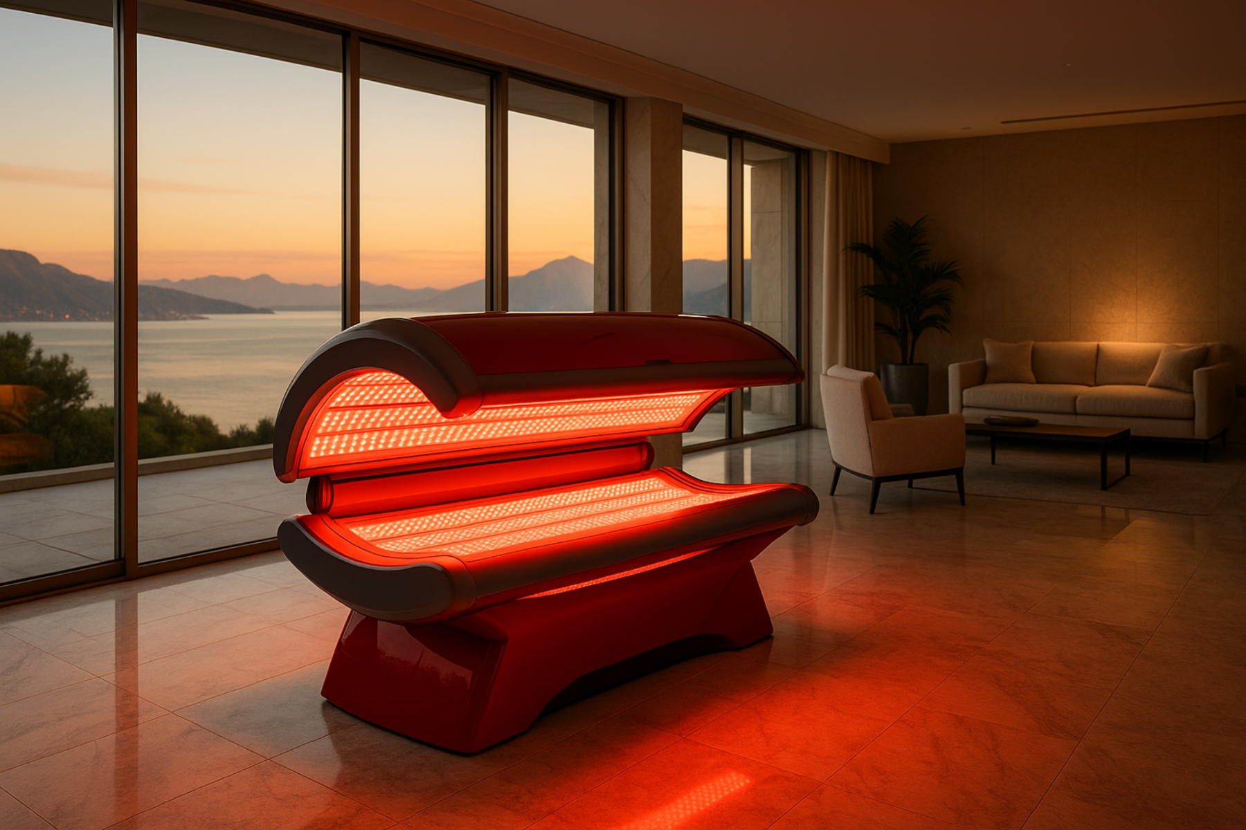 red light therapy bed in a luxury house with a beautiful view